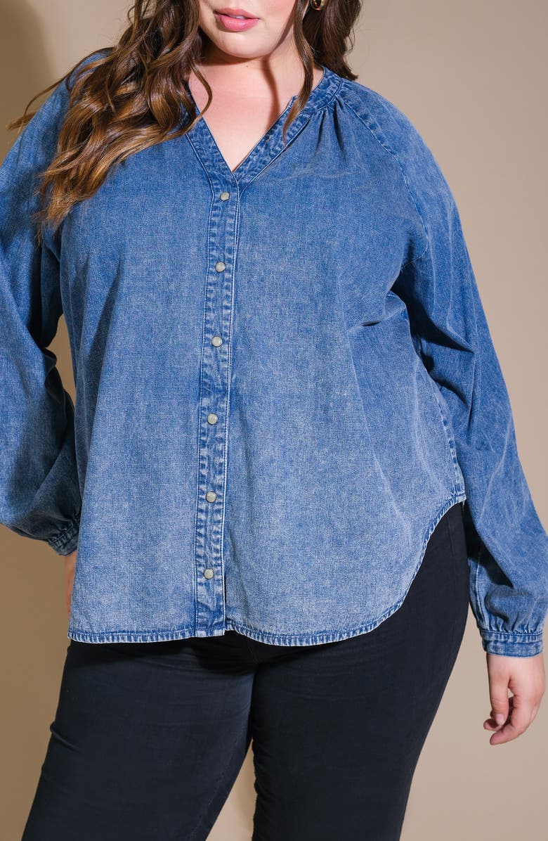 FLYING TOMATO Long Sleeve Washed Denim Top, Alternate, color, Medium Indigo