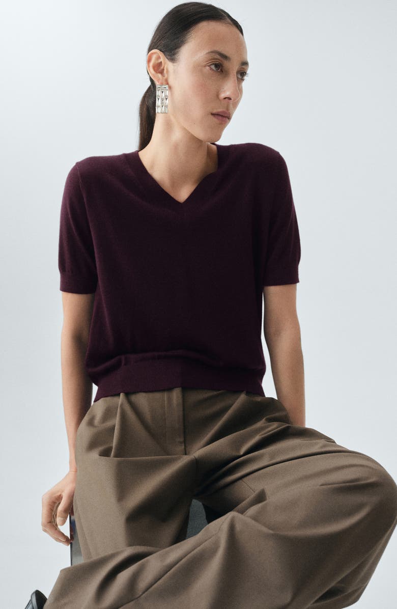 MANGO Selection V-Neck Short Sleeve Wool Sweater, Alternate, color, Wine