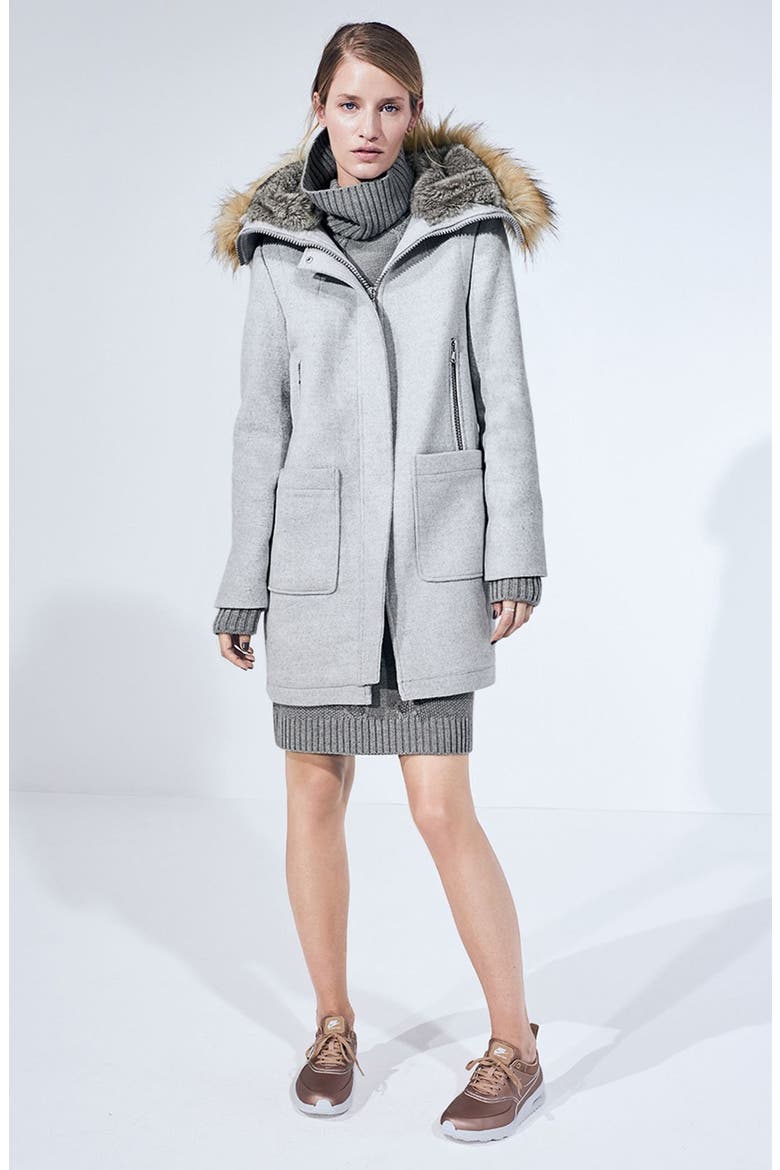Wool Blend Duffle Coat with Faux Fur Trim Hood, Alternate, color, LIGHT GREY