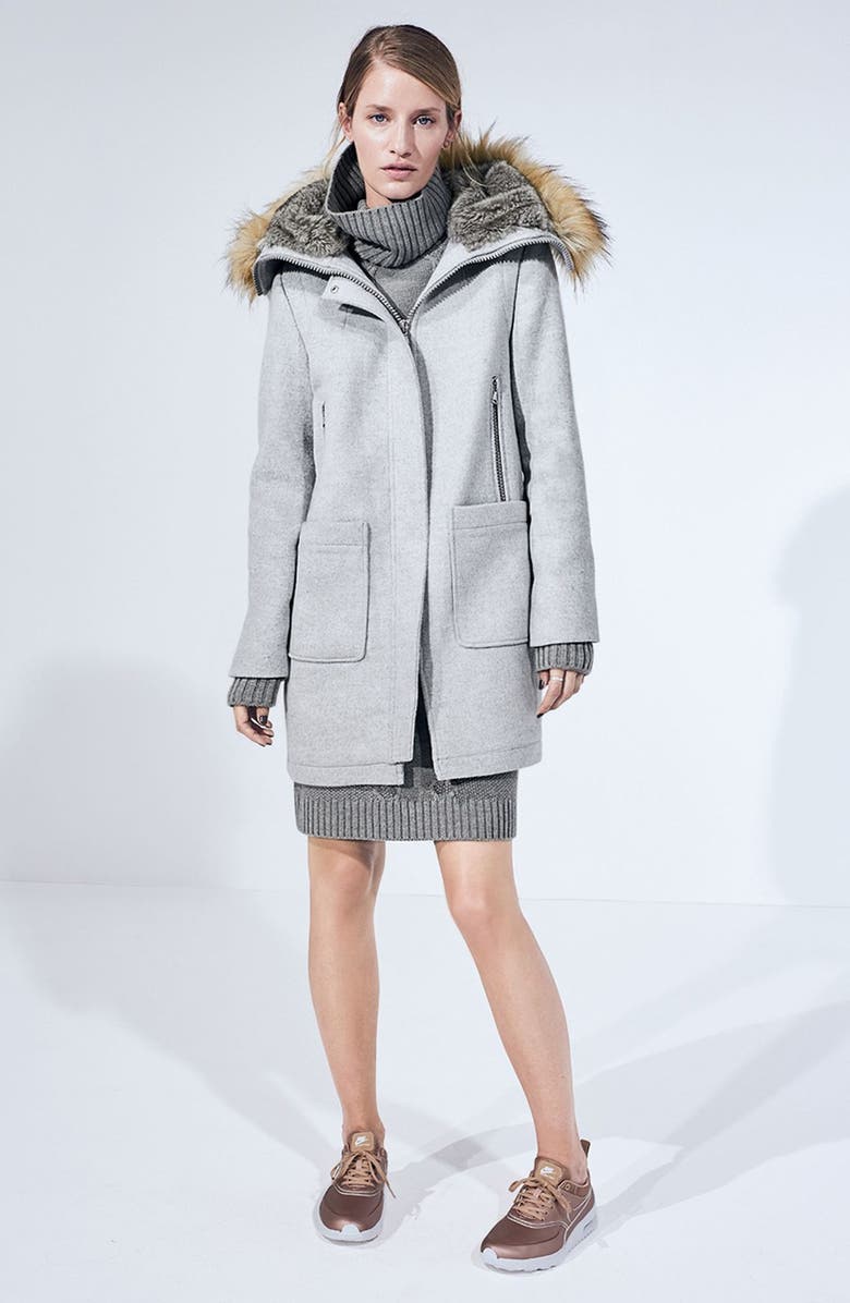 Vince Camuto Wool Blend Duffle Coat with Faux Fur Trim Hood, Alternate, color, 