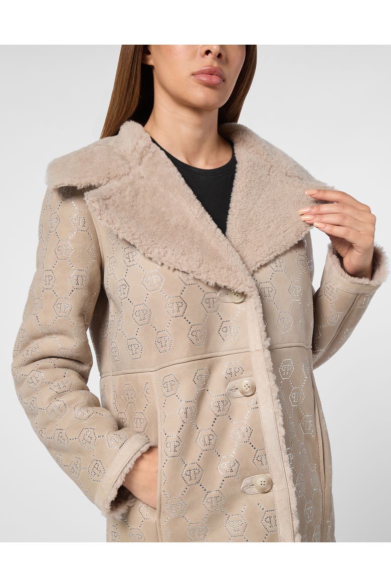 Shearling Oversize Coat Strass Monogram Women, Alternate, color, beige