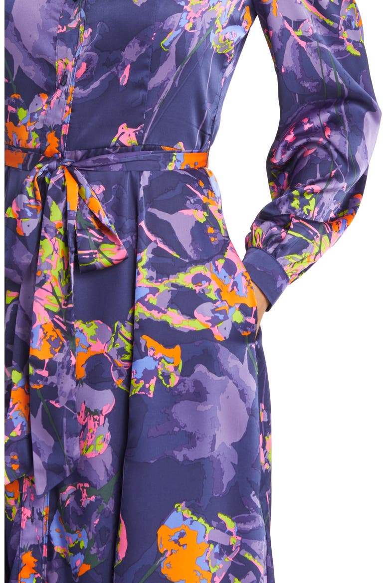 Neon Floral Long Sleeve Tie Waist Shirtdress, Alternate, color, NAVY