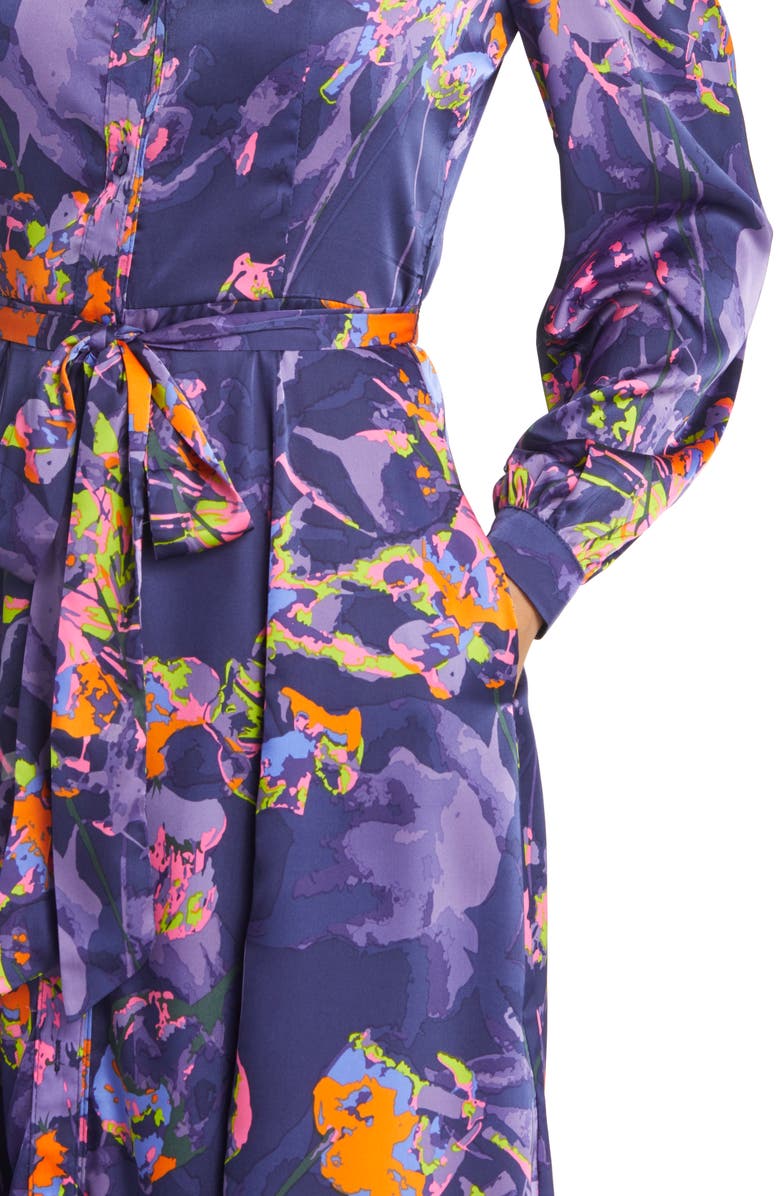 Chi Chi London Neon Floral Long Sleeve Tie Waist Shirtdress, Alternate, color,