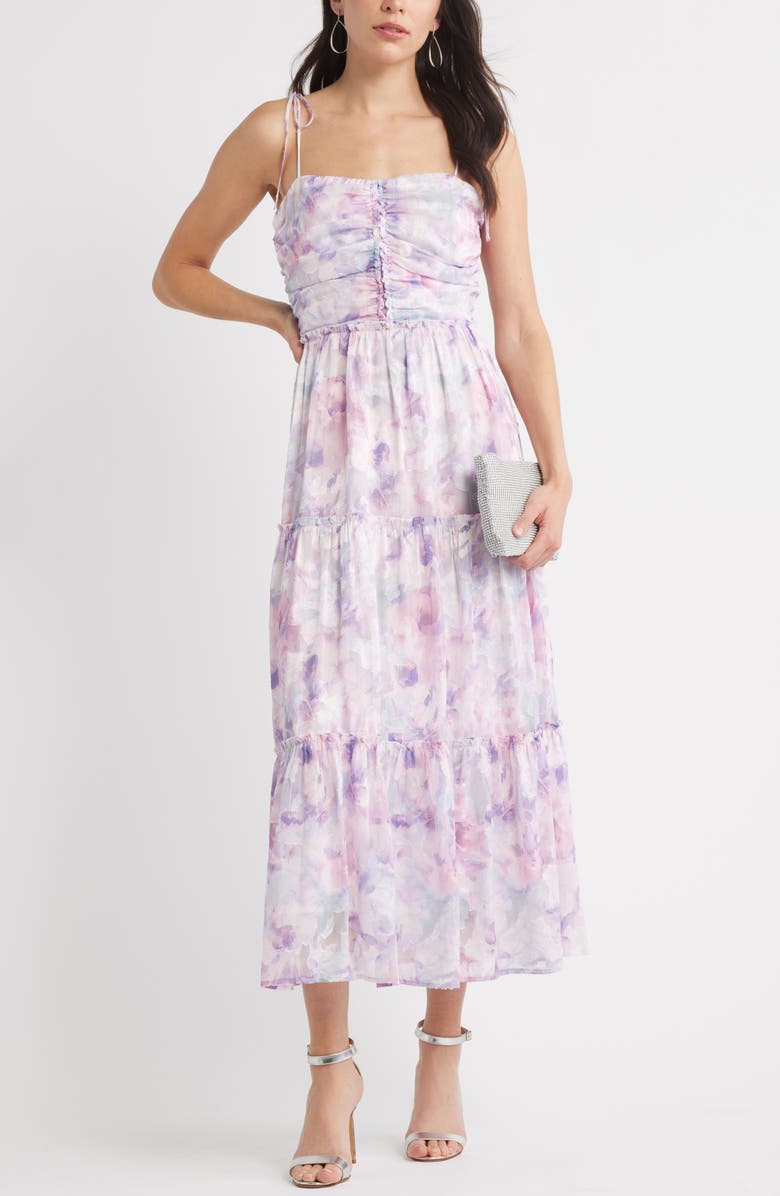 Chelsea28 Ruched Metallic Maxi Dress, Alternate, color, Blue- Purple Floral