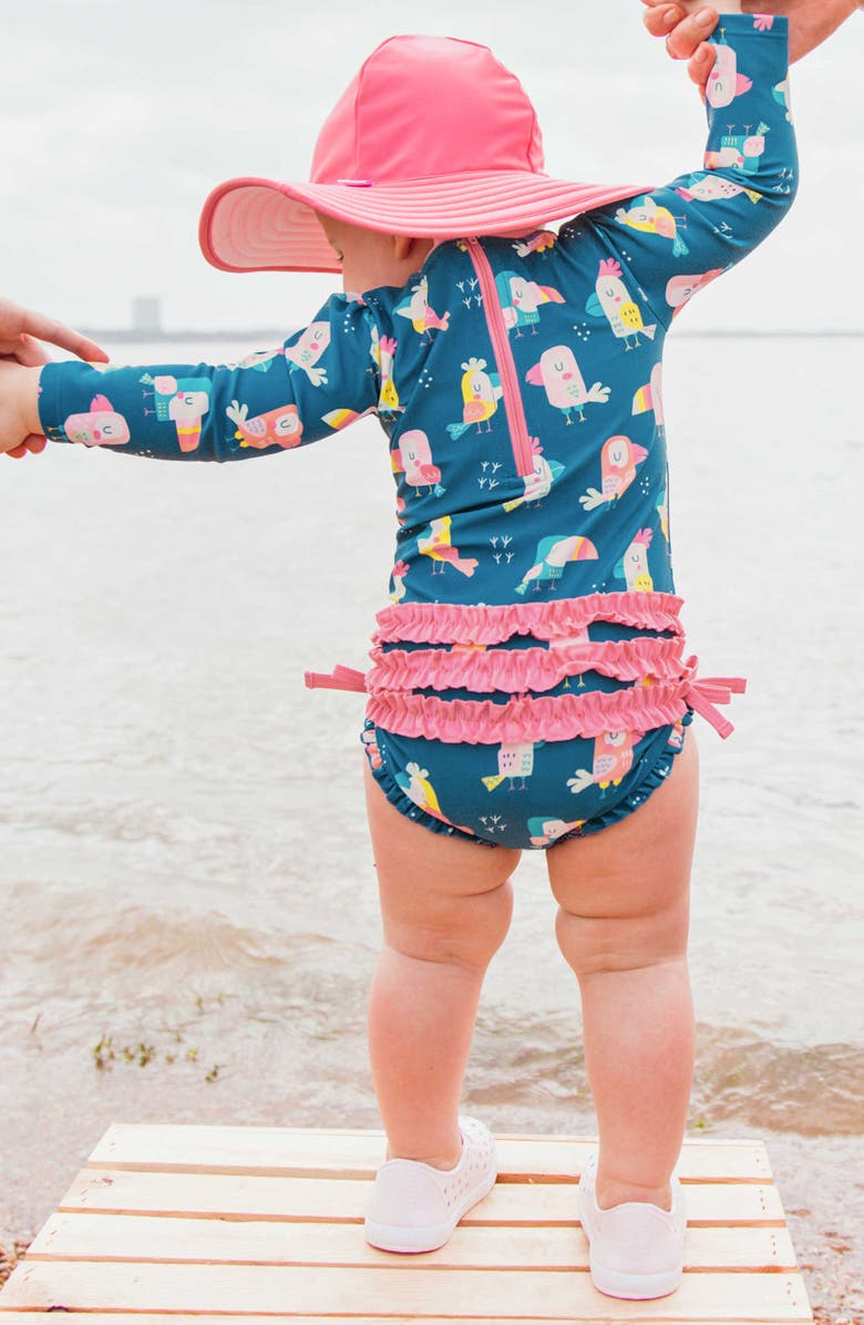 RuffleButts You're The Tweetest One-Piece Rashguard Swimsuit & Hat Set, Alternate, color, 