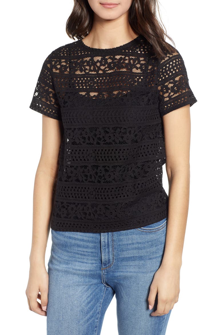 Keyhole Back Lace Tee, Main, color, BLACK