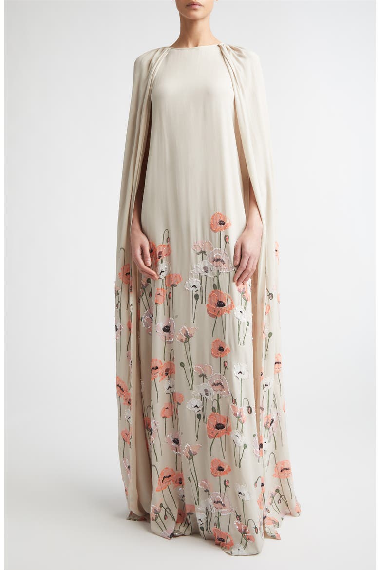 Minnie Embroidered Cape Gown, Main, color, PINK CORAL POPPIES