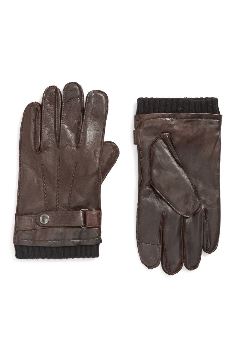 Belted Leather Gloves, Main, color, DARK BROWN