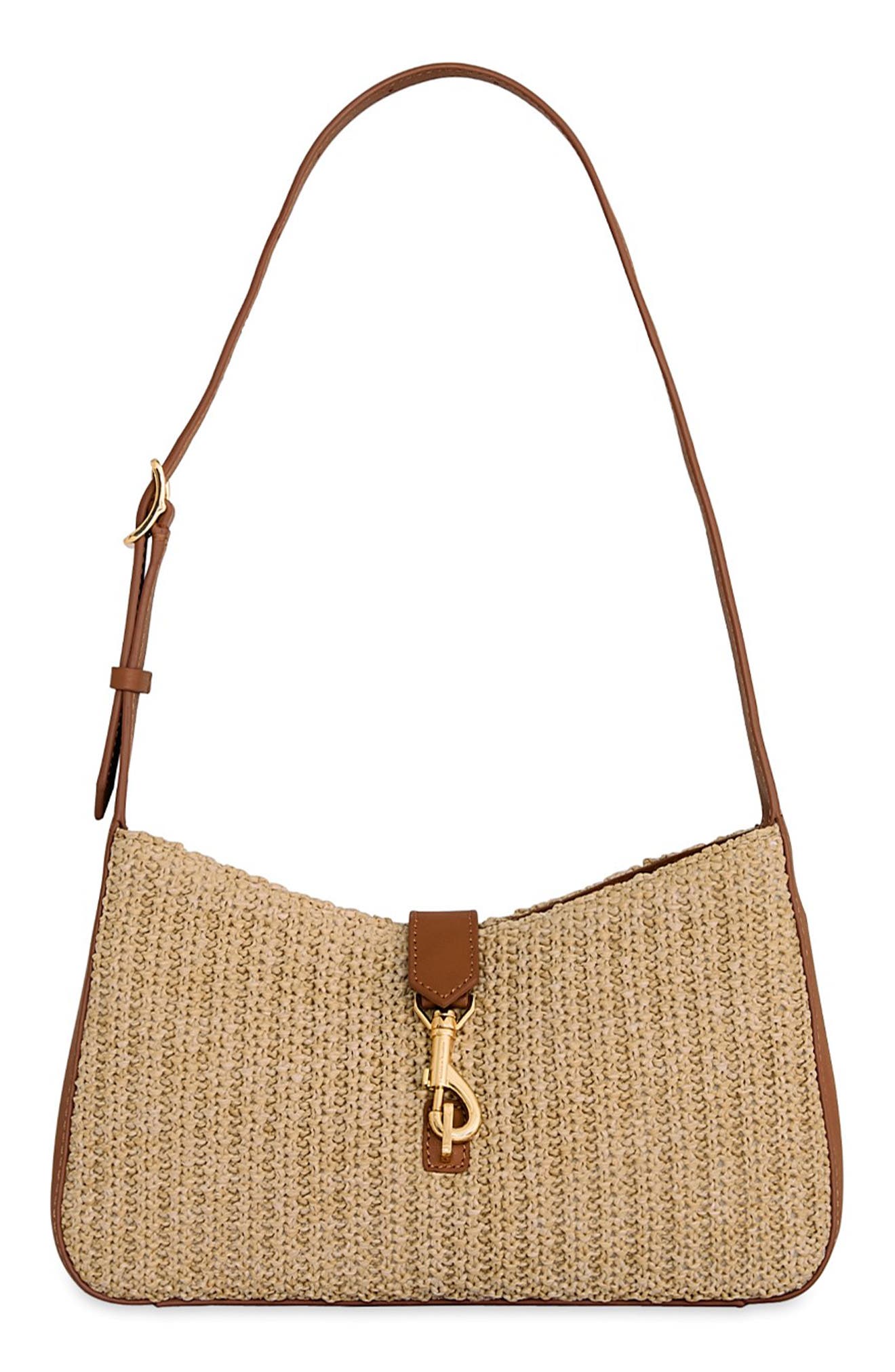Rebecca Minkoff Small Megan Woven Straw & Leather Shoulder Bag, Main, color, Natural/ Caramello