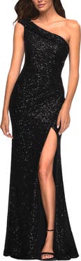 La Femme One Shoulder Gown in Elegant Soft Sequin Fabric