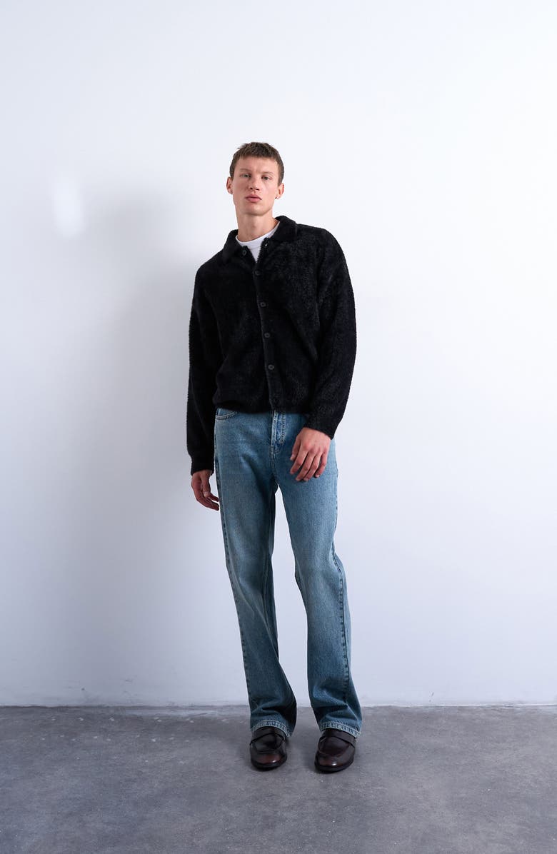 Topman Fluffy Collared Cardigan, Alternate, color, Black