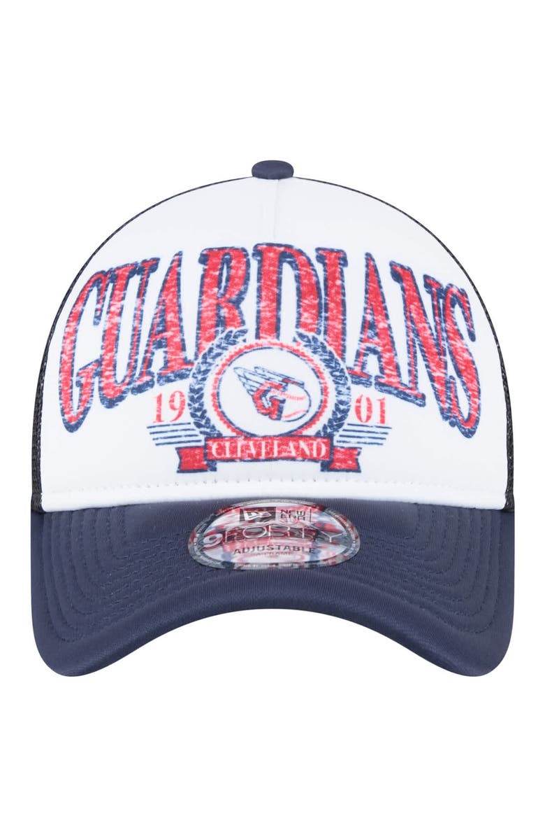 New Era Men's New Era White/Navy Cleveland Guardians Distressed 9FORTY A-Frame Adjustable Trucker Hat, Alternate, color, White