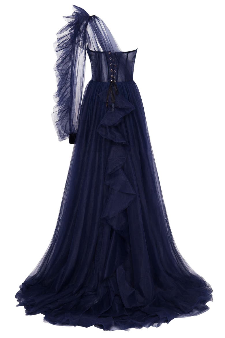 Royal Navy Tulle Gown With Detachable Sleeve, Alternate, color, Navy