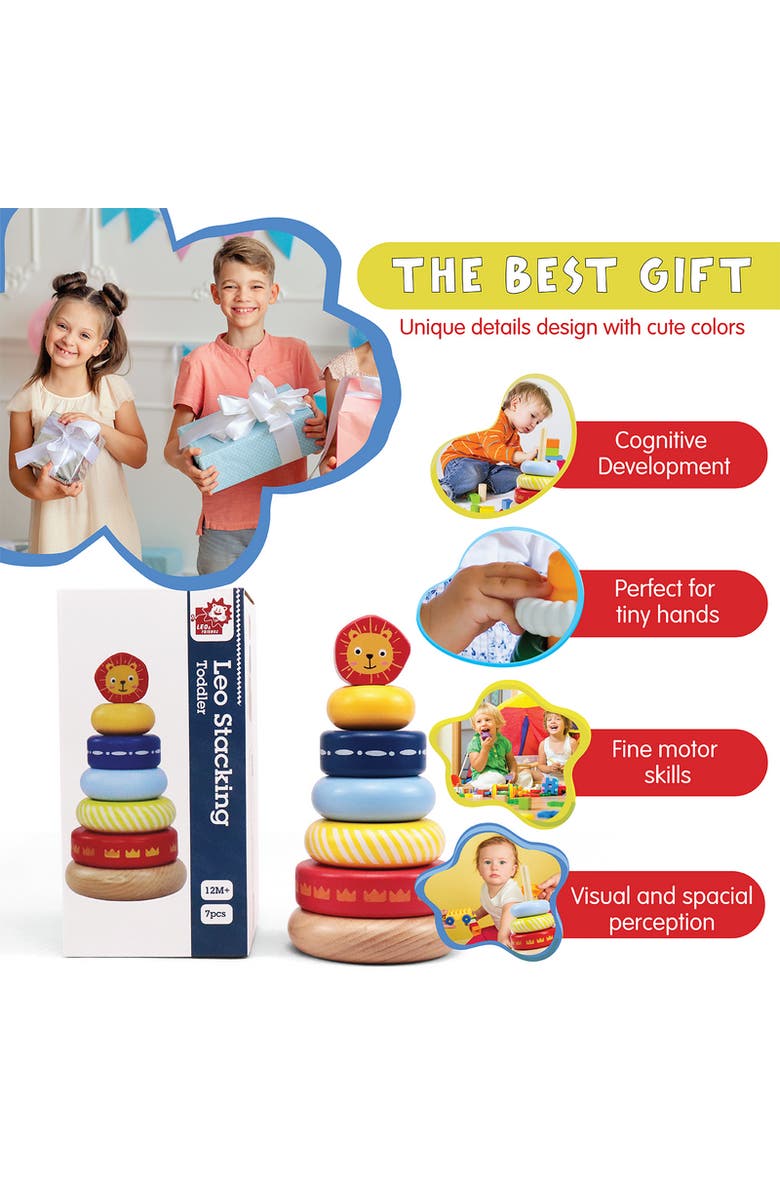 Leo & Friends Leo Stacking Toddler Ring Tower - 7-Piece Blue Wooden Stacker Puzzle, Alternate, color, Yellow