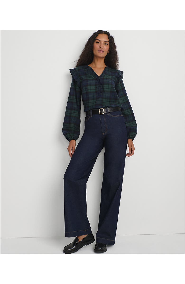 Lands' End Ruffle Front Flannel Popover Blouse, Alternate, color, Deep Forest Blackwatch Plaid