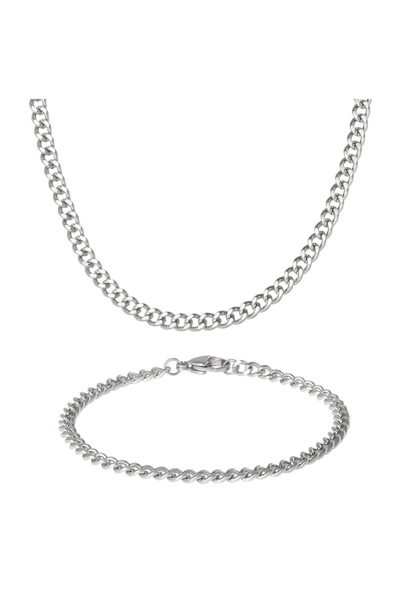 Men's Curb Chain Necklace & Bracelet Set, Silver-Tone, Main, color, Metallic Silver