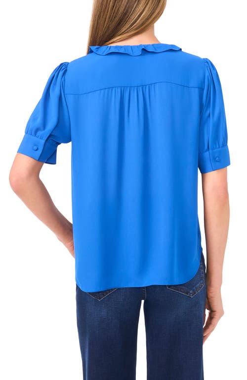 Cece Ruffle Detail Short Sleeve Georgette Button-up Shirt In Blue