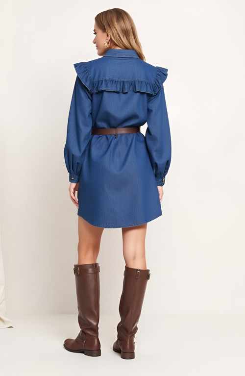 Modenaire Button-front Denim Shirt Dress With Ruffle Yoke In Blue