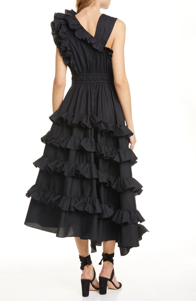 Ulla Johnson Imogen Ruffle Asymmetrical Cotton Wrap Dress, Alternate, color, Noir
