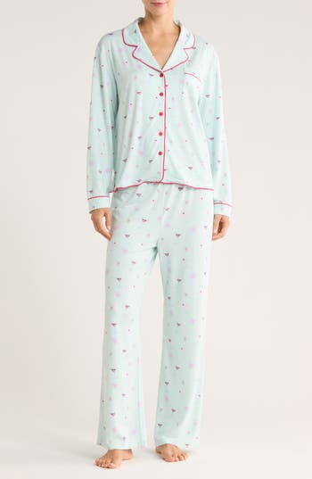 Honeydew Quiet Night Long Sleeve Button-up Top & Pants Pajamas In Green