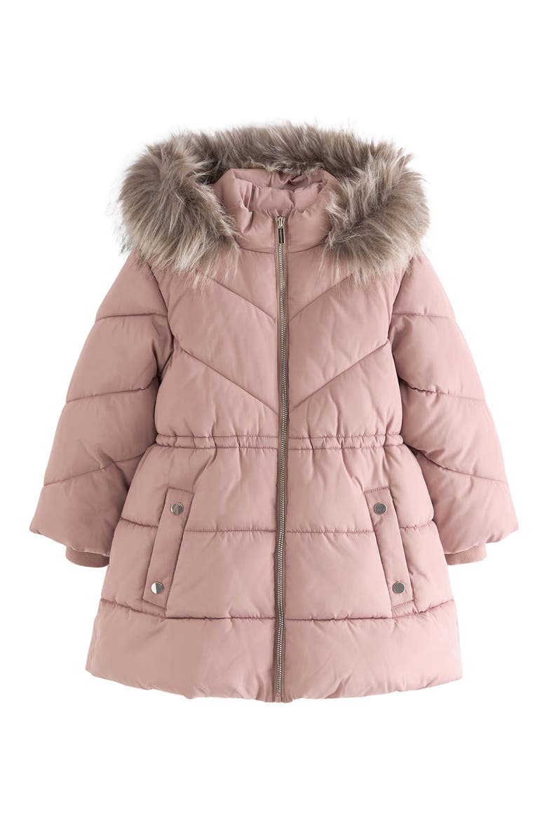 Kids' Hooded Puffer Coat with Faux Fur Trim, Main, color, TOFFEE PINK