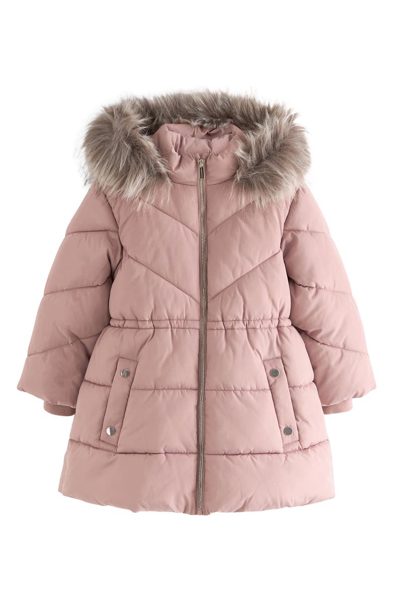 NEXT Kids' Hooded Puffer Coat with Faux Fur Trim, Main, color, Toffee Pink