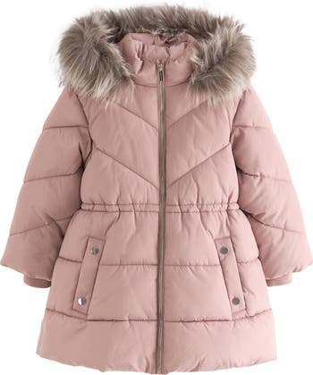 Kids' Hooded Puffer Coat with Faux Fur Trim