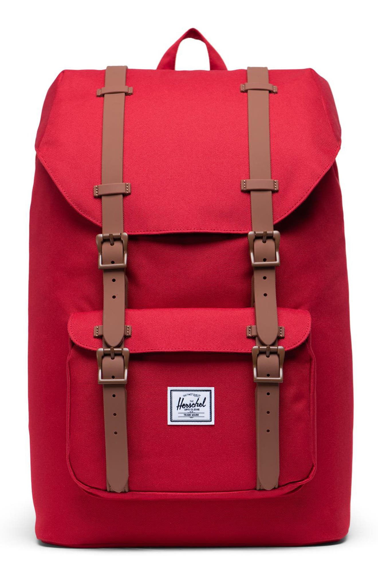 Little America Mid Volume Backpack, Main, color, RED/ SADDLE BROWN