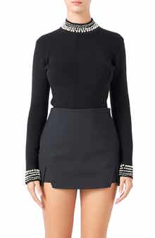 Endless Rose Imitation Pearl Trim Rib Sweater