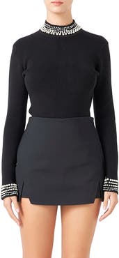 Endless Rose Imitation Pearl Trim Rib Sweater