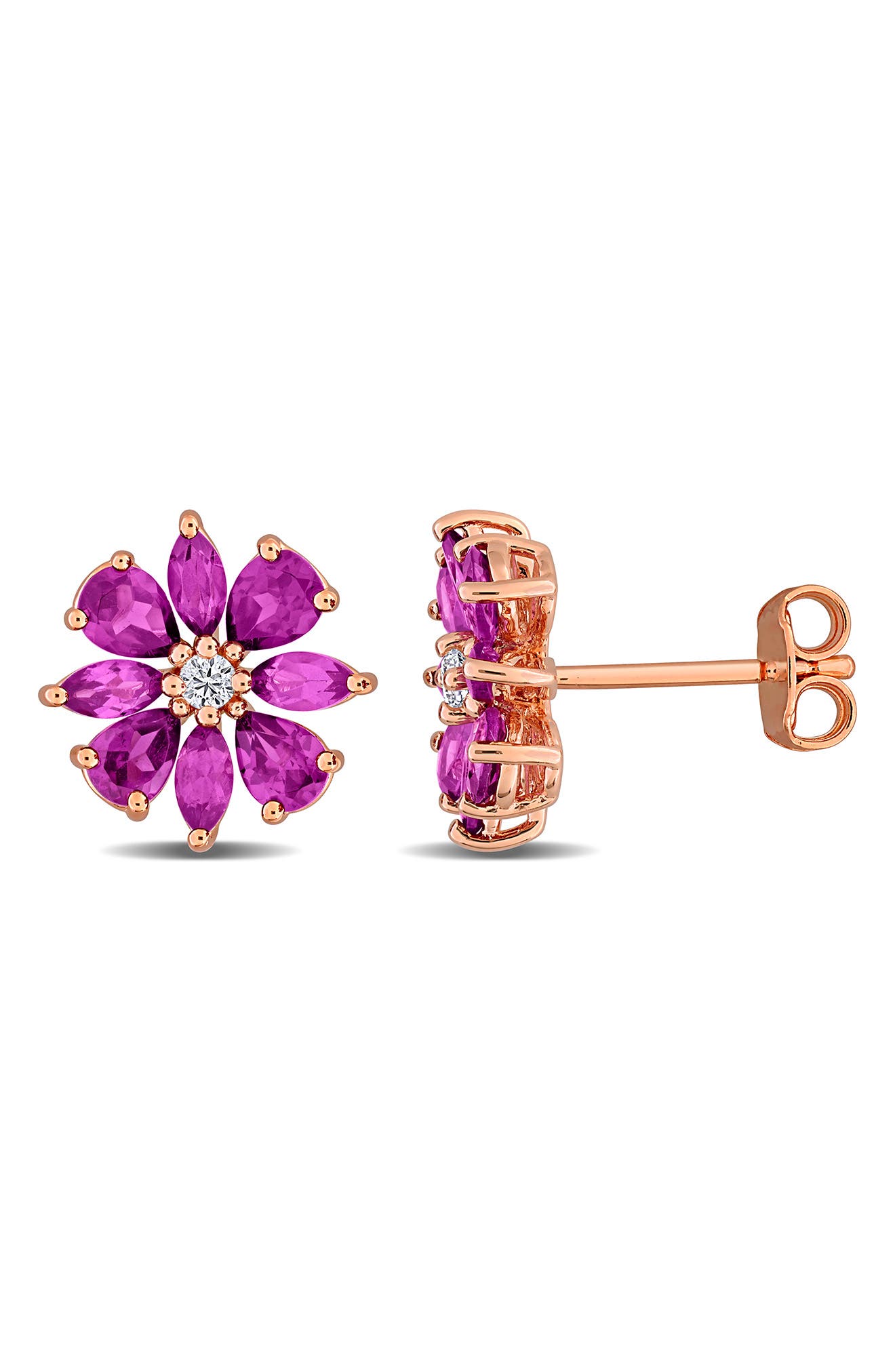Rhodolite and White Topaz Flower Stud Earrings