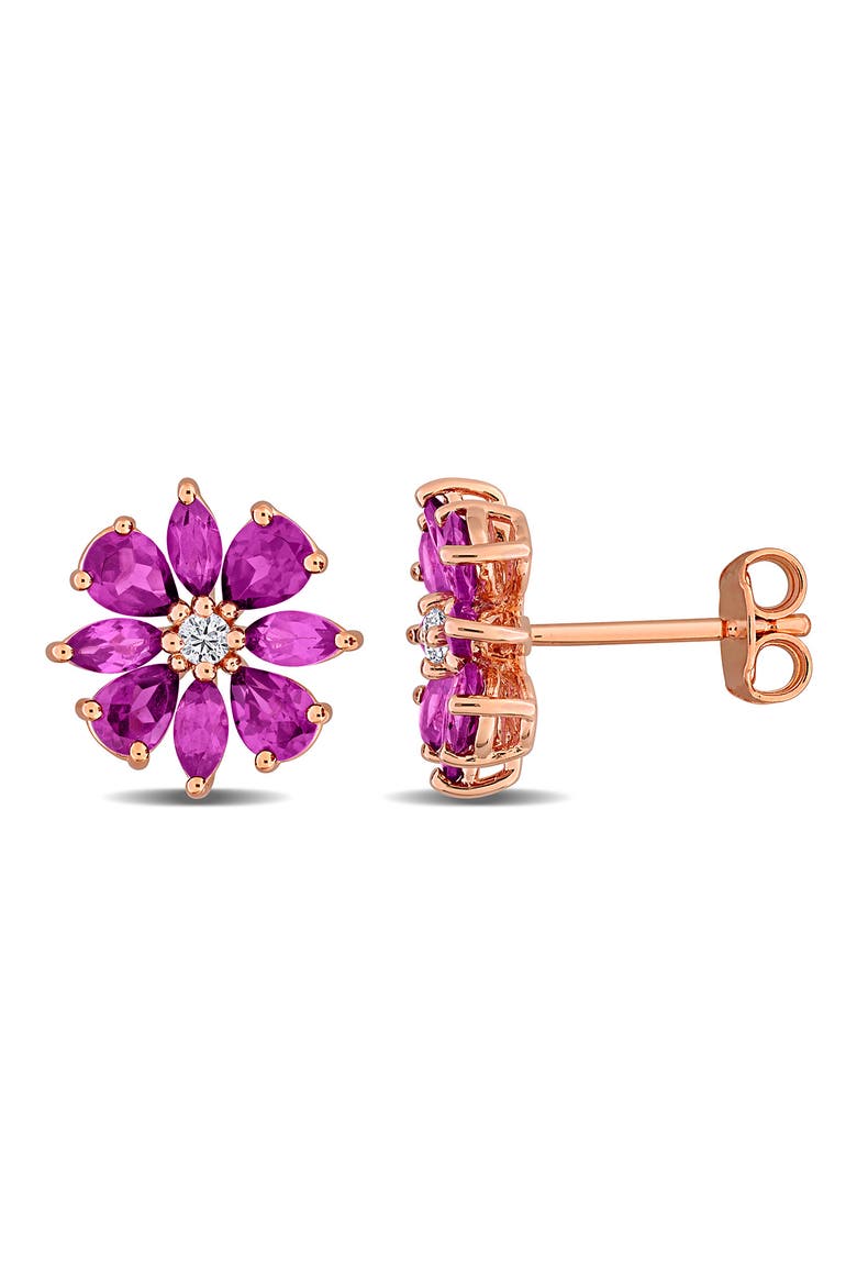Rhodolite and White Topaz Flower Stud Earrings, Main, color, PINK