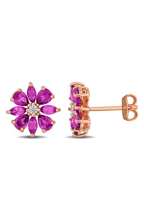 Rhodolite and White Topaz Flower Stud Earrings