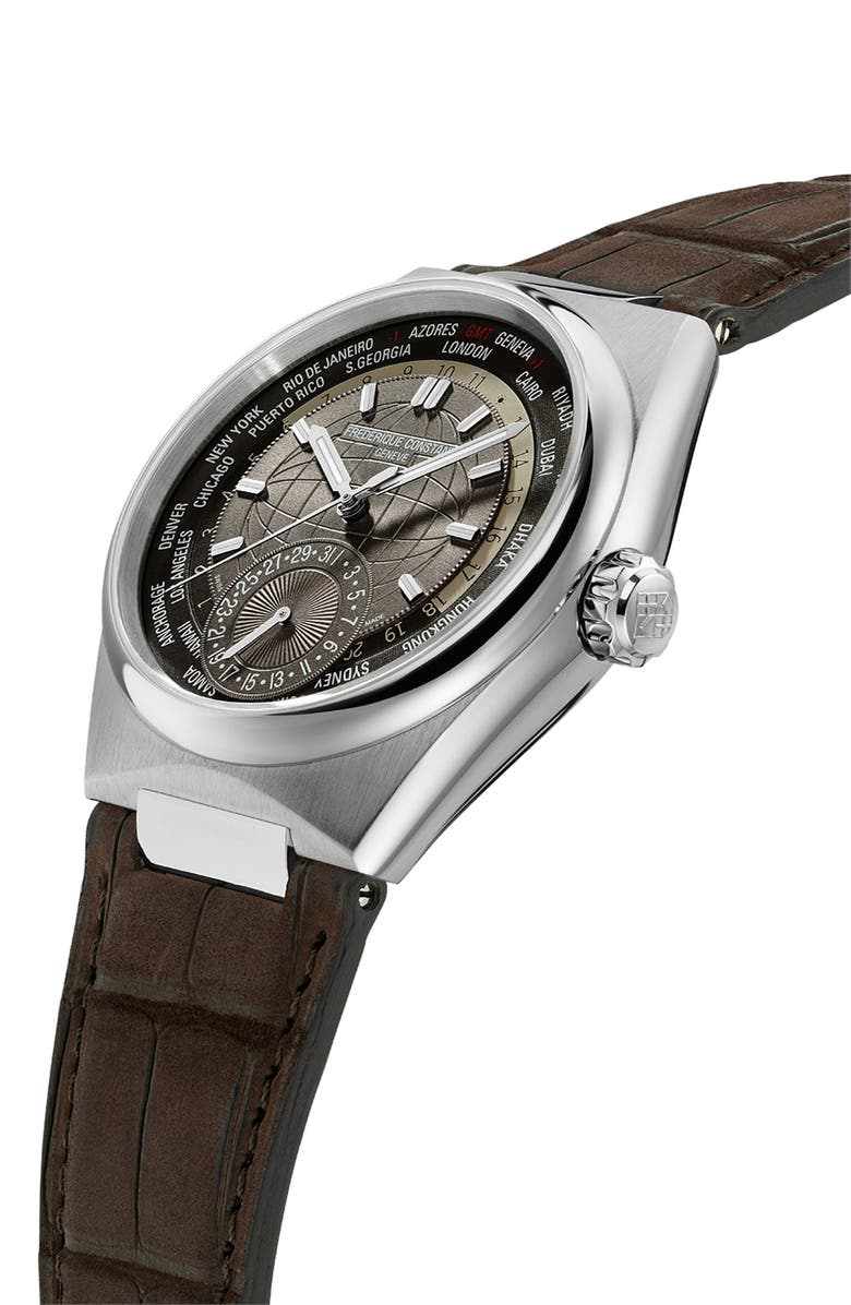 FREDERIQUE CONSTANT Highlife Worldtimer Manufacture Leather Strap Watch, 41mm, Alternate, color, Brown