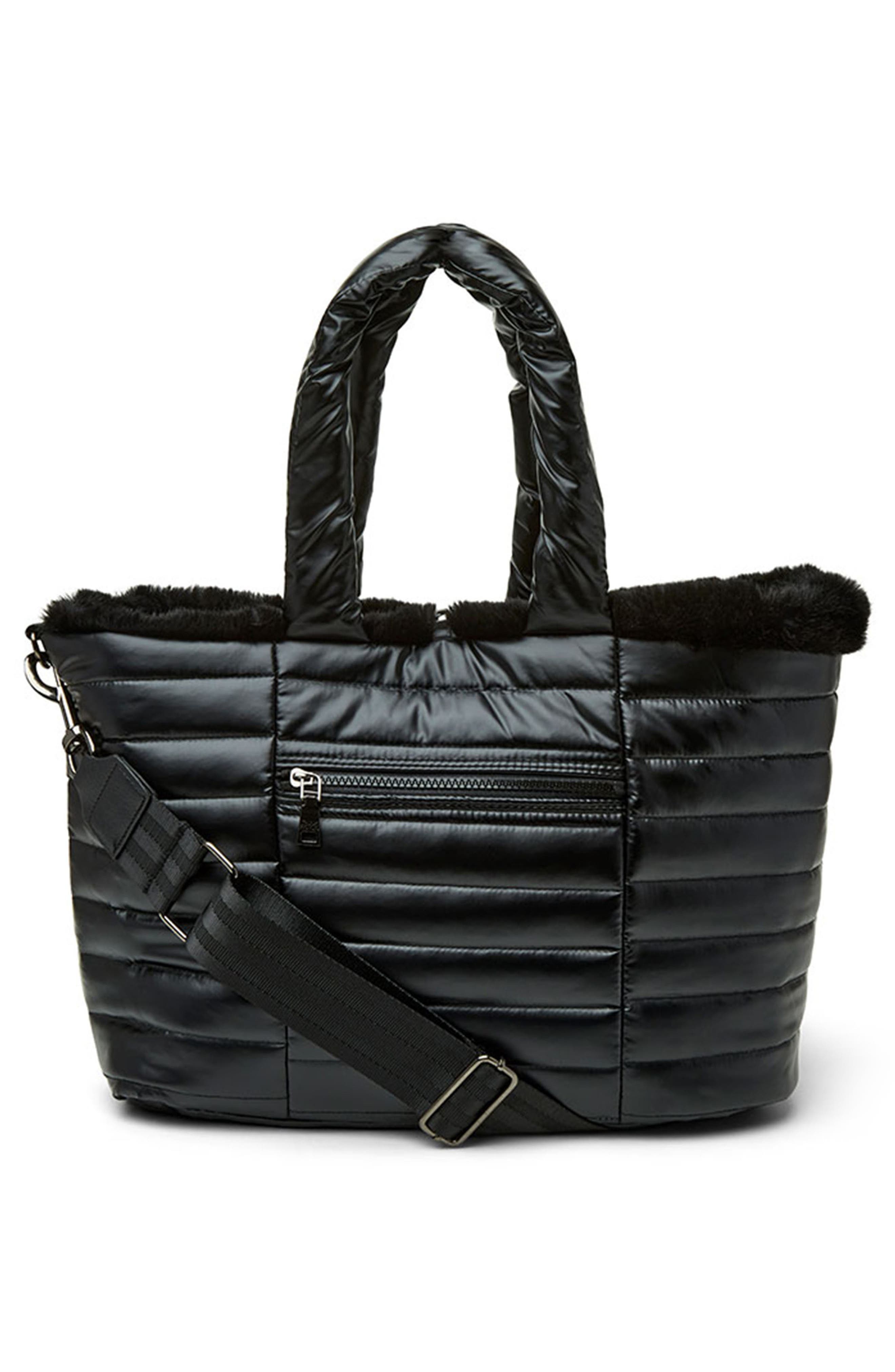 THINK ROYLN Duplex Reversible Faux Fur Trim Tote & Pouch, Alternate, color, Pearl Black/ Black Faux Fur