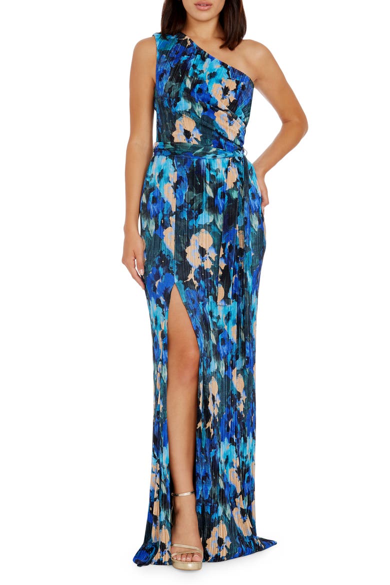 Bella Floral Plissé One-Shoulder Gown, Main, color, COBALT MULTI