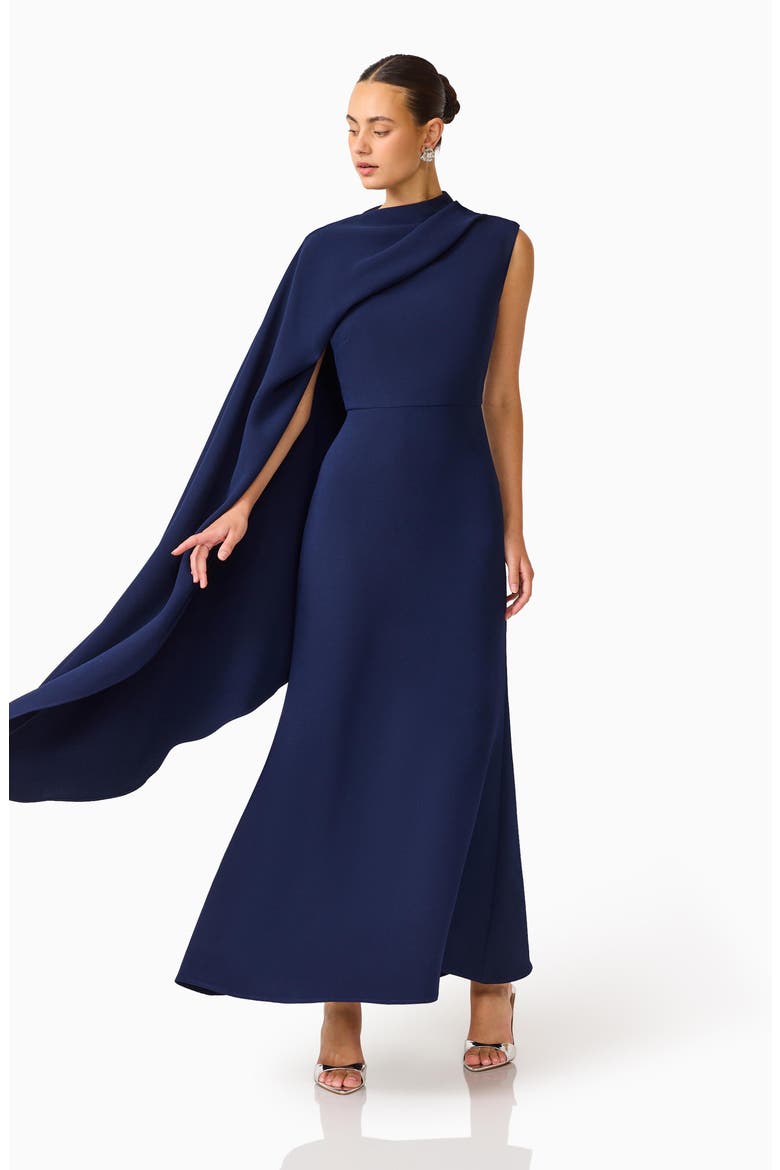 Leonara Asymmetric Cape Dress, Alternate, color, DEEP NAVY