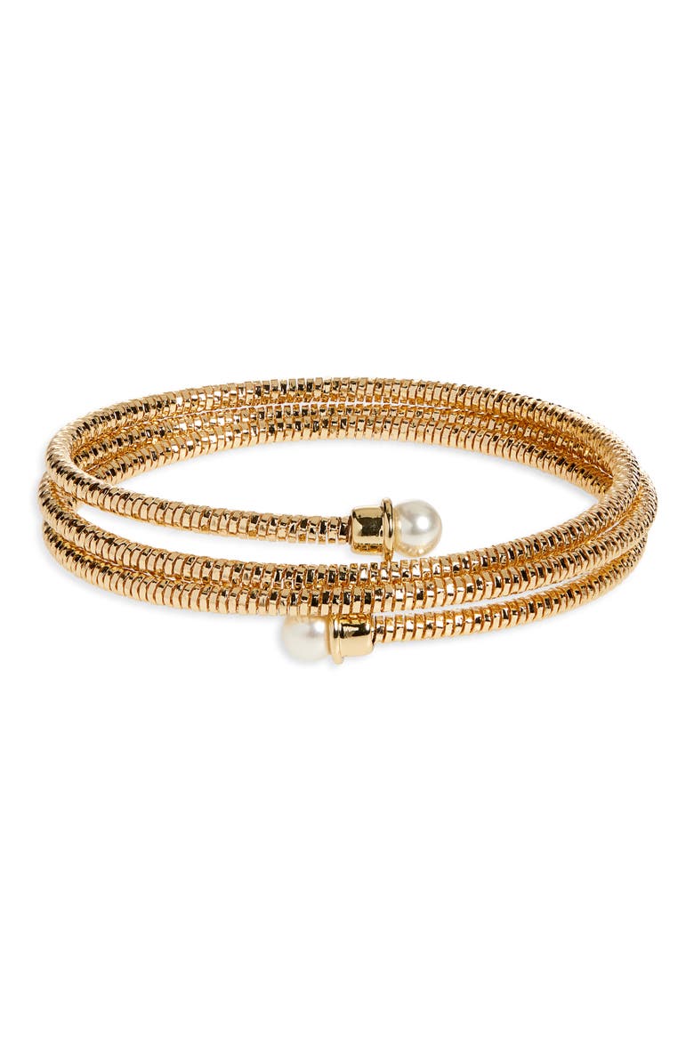 Faux Pearl Cap Coil Bracelet, Main, color, WHITE- GOLD