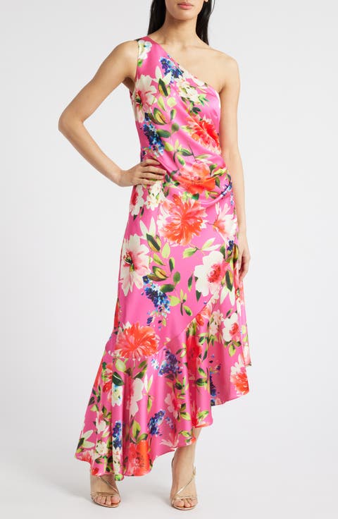One Shoulder Floral Asymmetric Satin Cocktail Dress