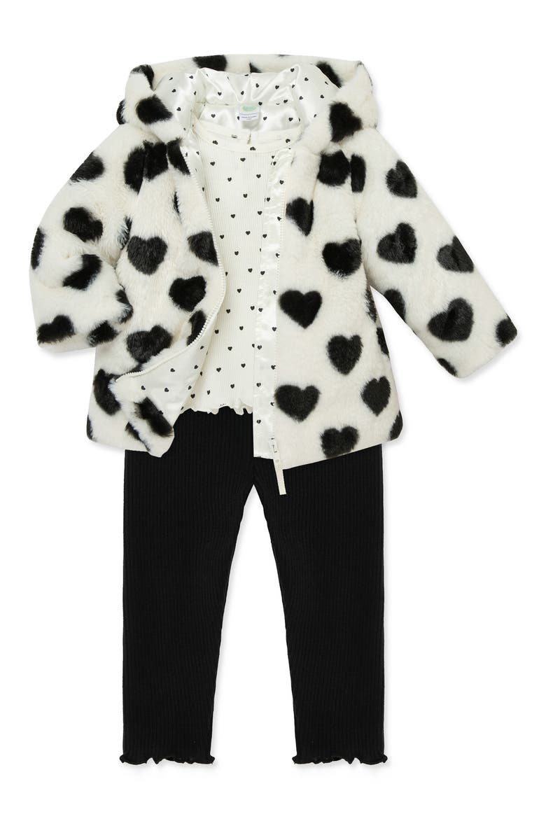 Heart T-Shirt, Faux Fur Jacket & Leggings Set, Alternate, color, WHITE/ BLACK