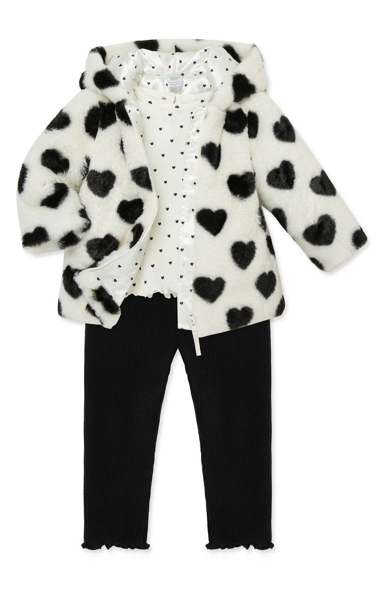 Little Me Heart T-Shirt, Faux Fur Jacket & Leggings Set, Alternate, color, White/ Black