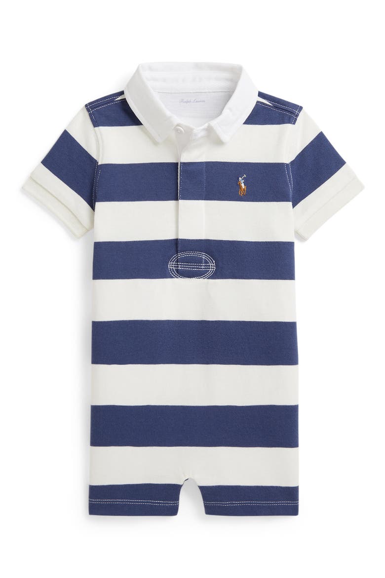 Rugby Stripe Cotton Jersey Polo Romper, Main, color, LIGHT NAVY/ DECKWASH WHITE