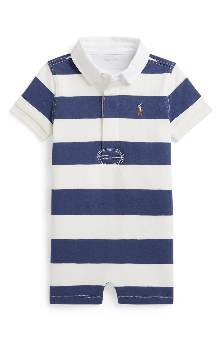 Ralph Lauren Rugby Stripe Cotton Jersey Polo Romper, Main, color, Light Navy/ Deckwash White