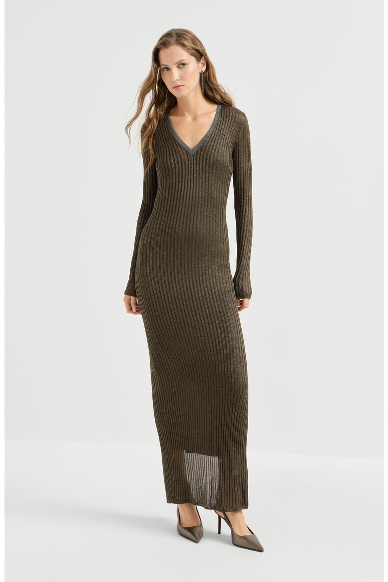 Sparkling rib knit dress with precious collar, Main, color, Coffee