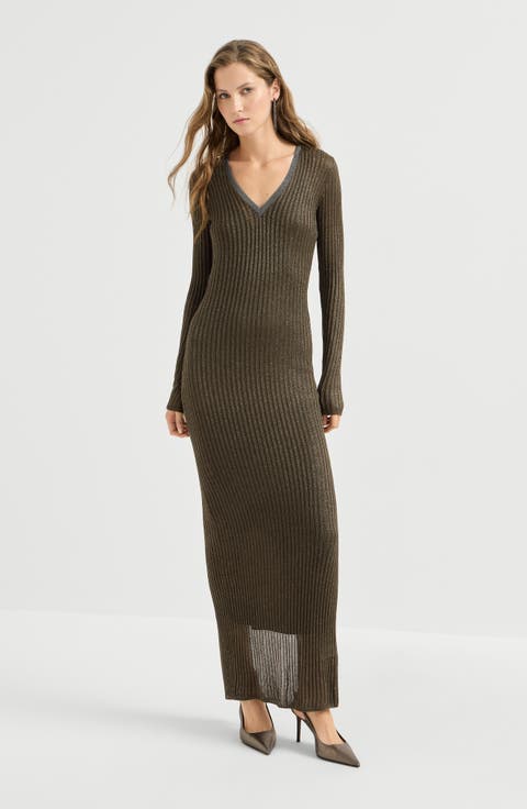 Sparkling rib knit dress with precious collar