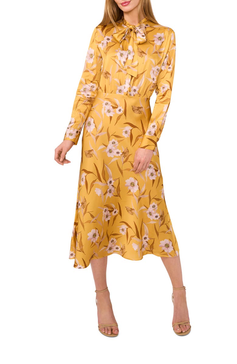 Ted Baker Floral Long Sleeve Satin Midi Dress, Main, color, Fresh Apricot