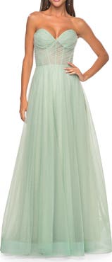 La Femme Sweetheart Tulle and Rhinestone Prom Dress with Illusion Detail