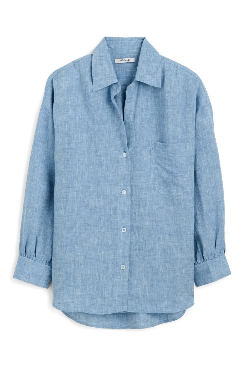 Shirred Linen Button-Up Shirt, Alternate, color, SUNFADED BLUE