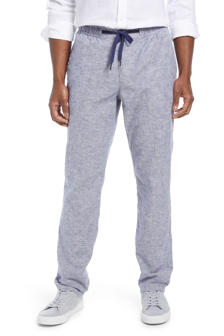 Linen & Cotton Blend Drawstring Pants, Main, color, BLUE TWILIGHT - WHITE