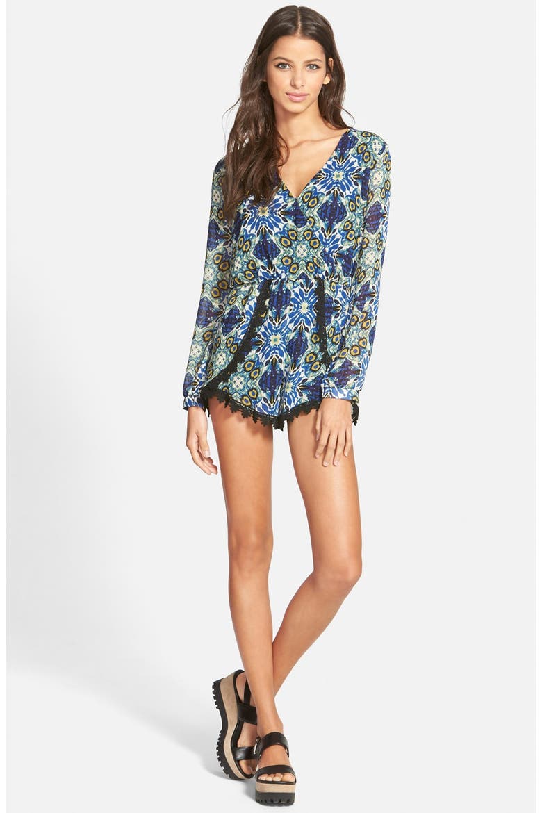 ASTR Lace Trim Romper, Main, color, BLUE